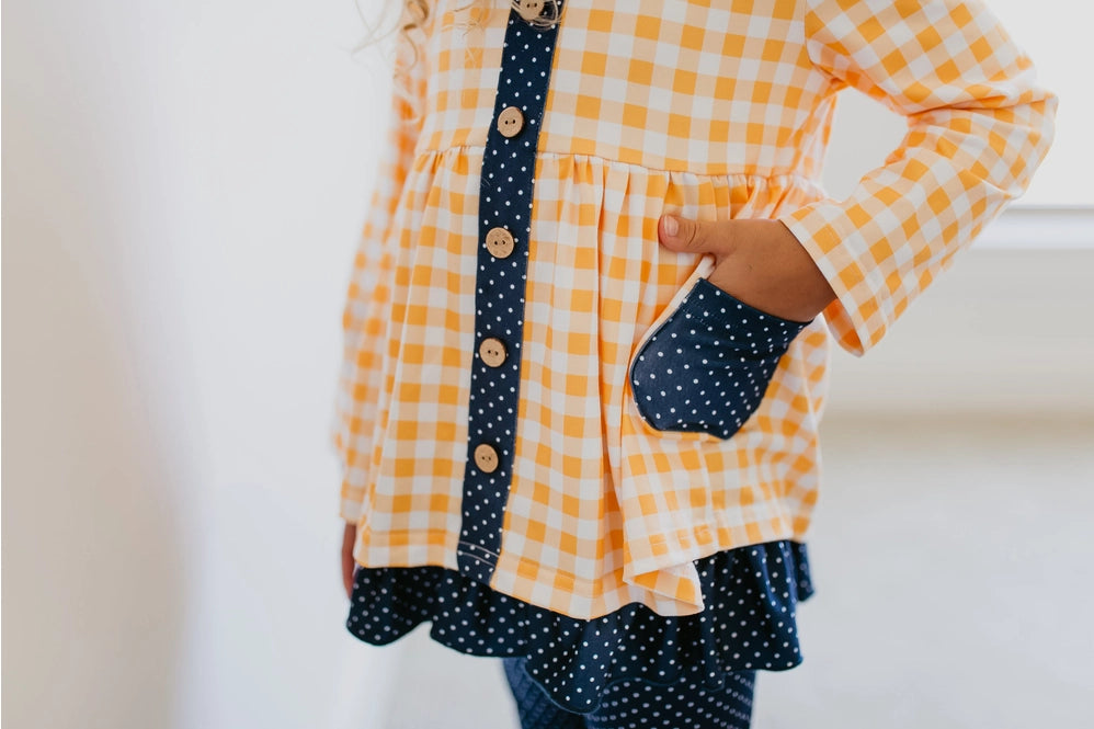 Adorable Sweetness Navy & Mustard Gingham Check Button Pocket Play Set Outfit