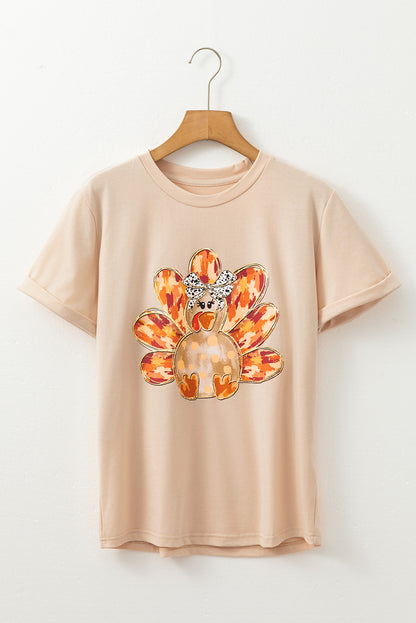 Khaki Thanksgiving Bowknot Turkey Graphic Crewneck Tee