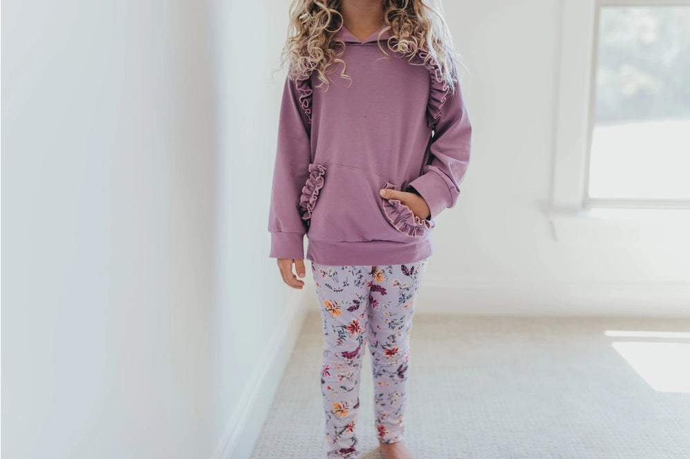 Adorable Sweetness Lavender Floral Ruffle Hoodie Shirt and Leggings Play Set Outfit