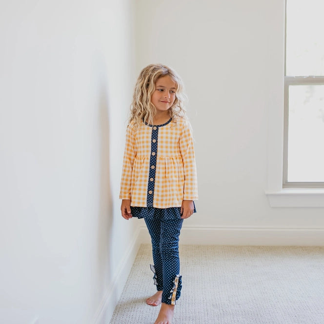 Adorable Sweetness Navy & Mustard Gingham Check Button Pocket Play Set Outfit