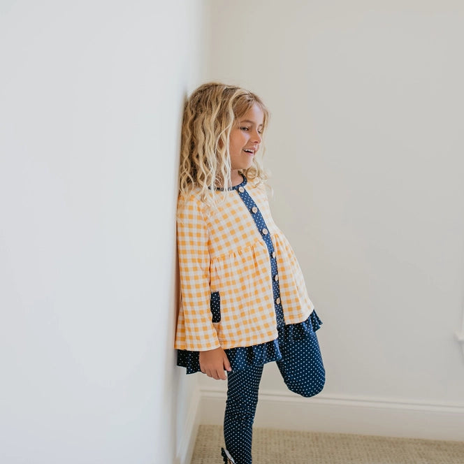 Adorable Sweetness Navy & Mustard Gingham Check Button Pocket Play Set Outfit