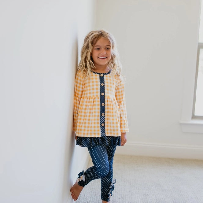 Adorable Sweetness Navy & Mustard Gingham Check Button Pocket Play Set Outfit