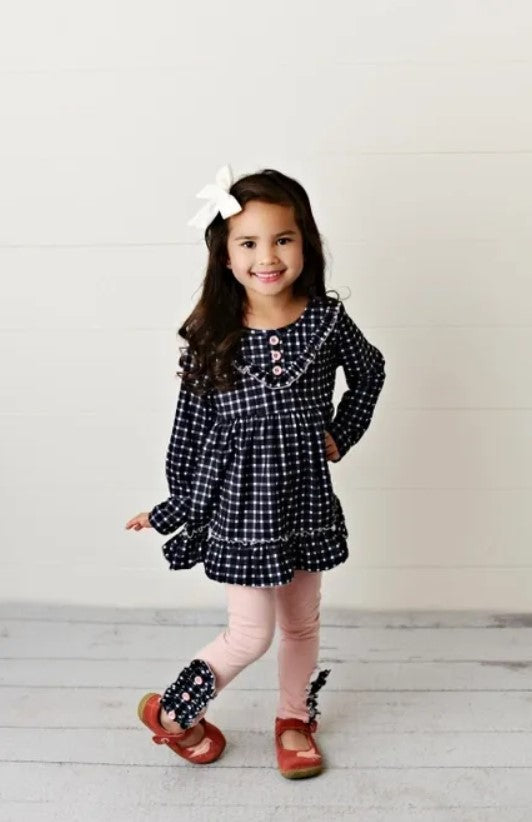 Adorable Sweetness Pink & Navy Gingham Check Button Ruffle Play Set Outfit