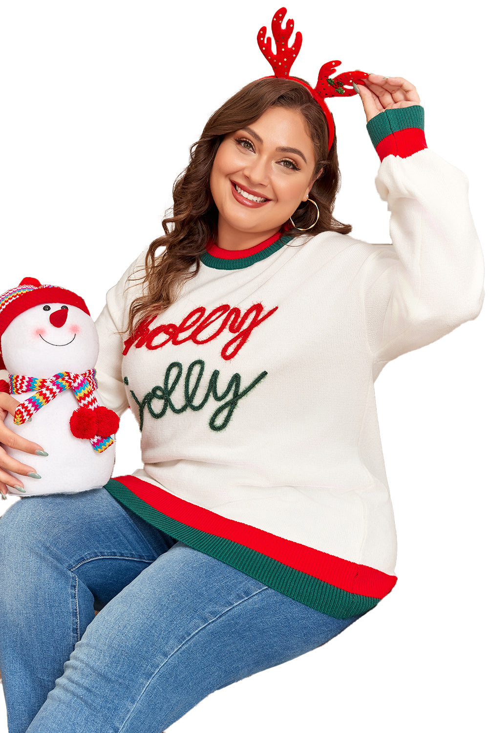 White Tinsel holly jolly Pattern Colorblock Edge Drop Shoulder Plus Size Sweater