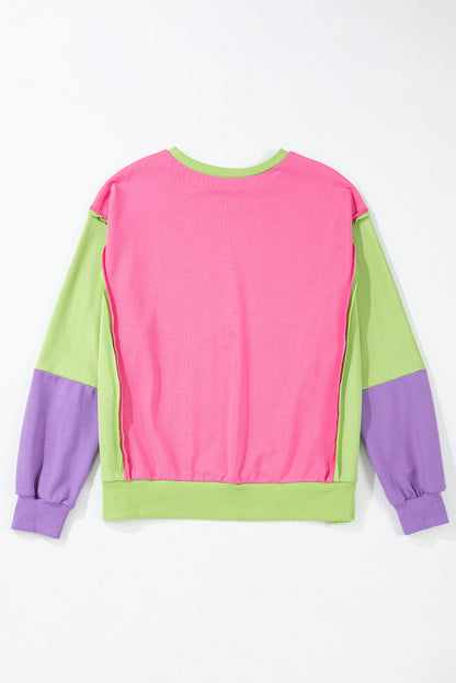 Pink Colorblock Exposed Seam Crewneck Casual Sweatshirt