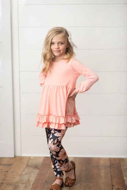 Adorable Sweetness Peach Ruffle Top & Black Floral Play Set Outfit