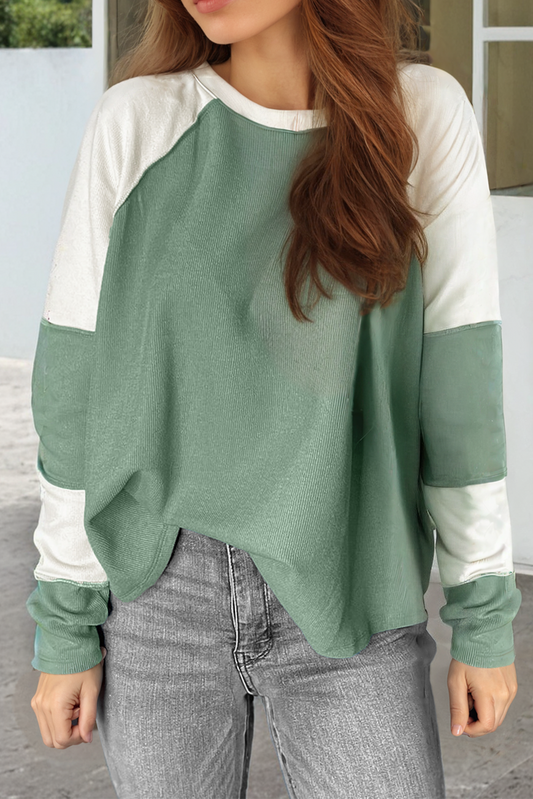 Mint Green Ribbed Colorblock Patchwork Raglan Long Sleeve Top